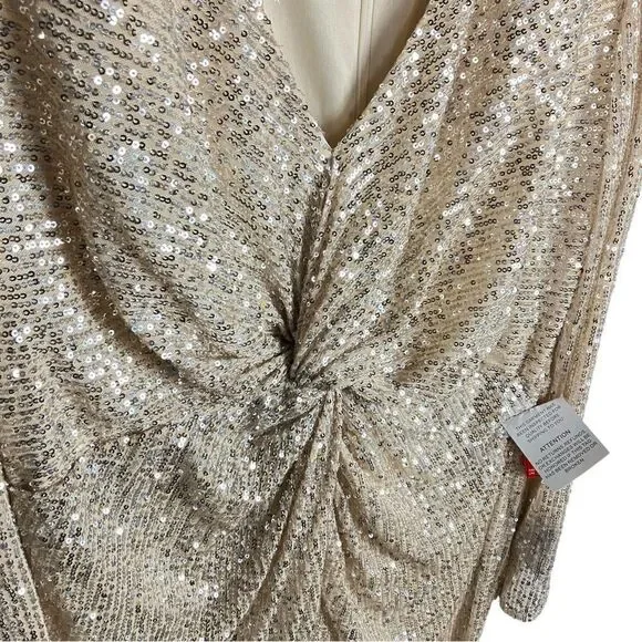 Ieena Mac Duggal Dress WMNS 16 Gold Sequin Knotted Long Sleeve Midi 26549 Plunge - Picture 5 of 11